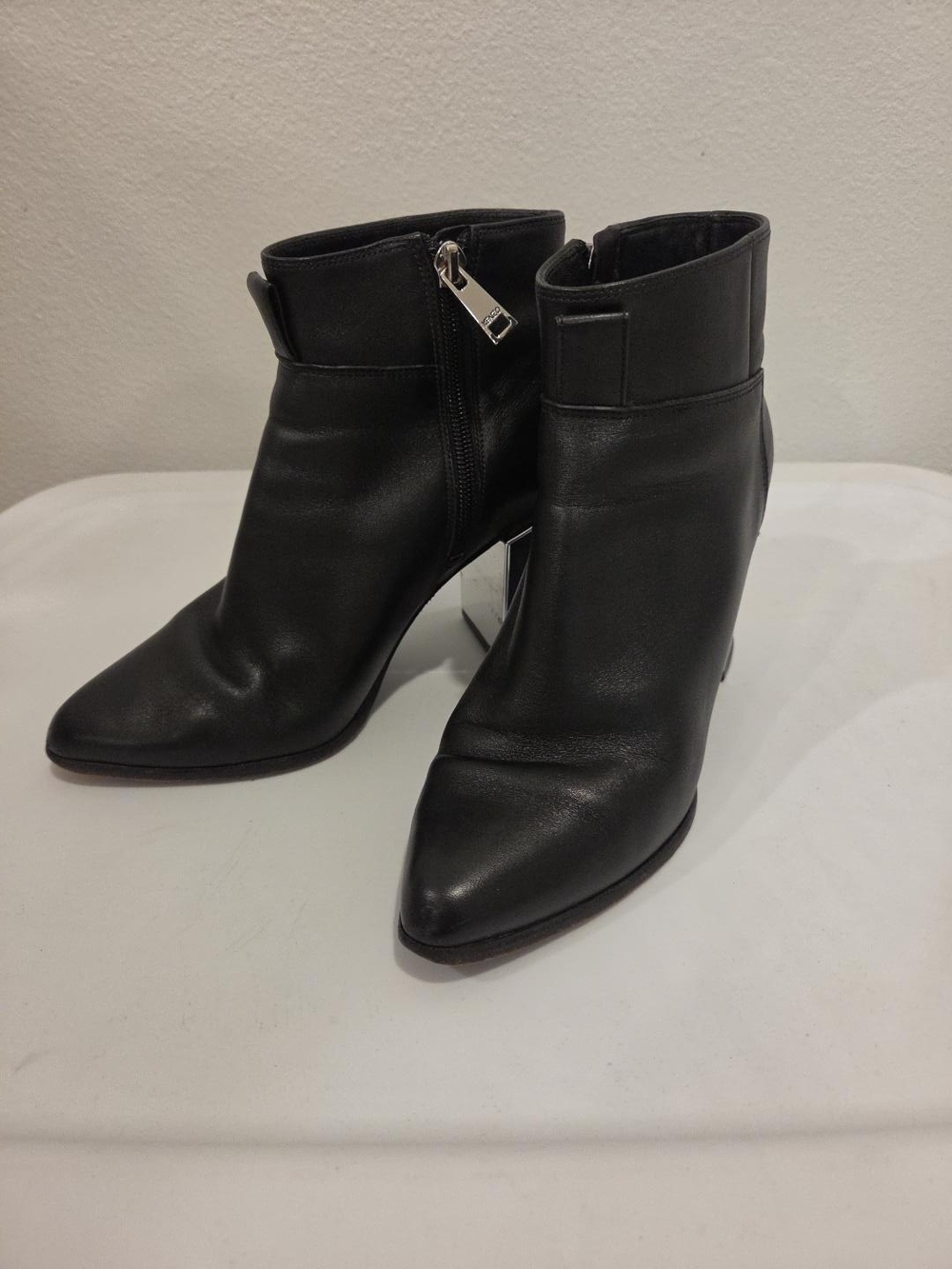 KENZO Black Leather Pointed Toe Ankle Boots Silver Heel Size 36